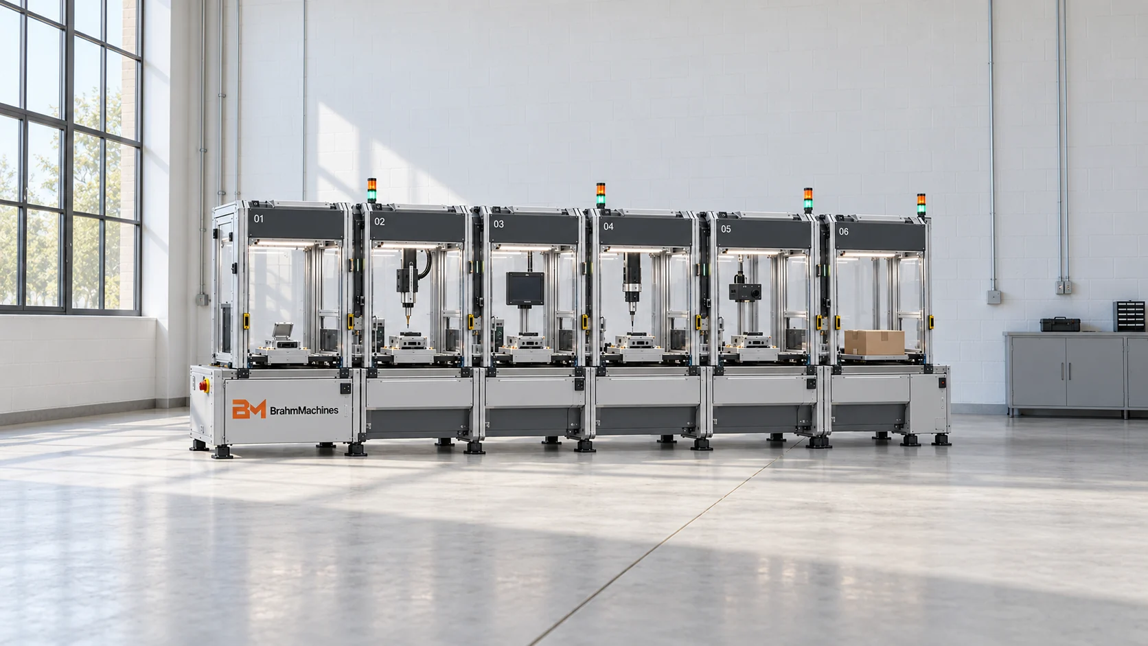 Six-cell Brahm Machines microfactory in a minimal factory with natural daylight